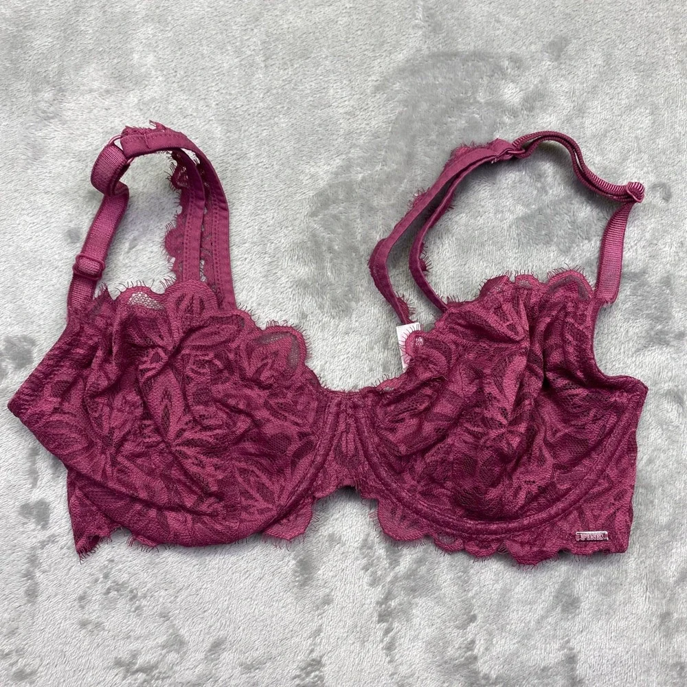 PINK Victoria's Secret Lace Demi‎ Bra Burgundy Pink 34DD 1175